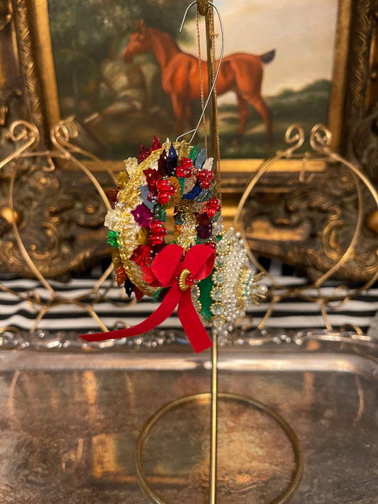 Multi Colored Wreath with Red Bow and GREEN Velvet and Pearl with Gold Push Pin Christmas Ornaments, Set of 2