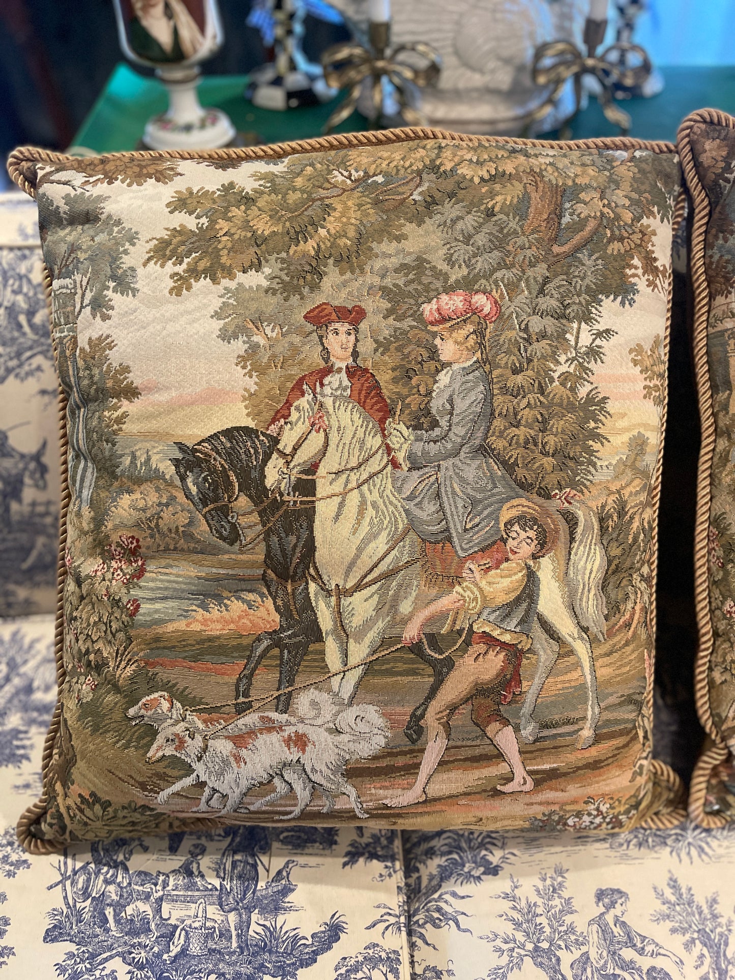 XL French Aubusson Tapestry Pillow — “The Equestrian Promenade” Round Top Find | early 20th Century French Elegance | A Scene of Horses, Hounds & High Romance