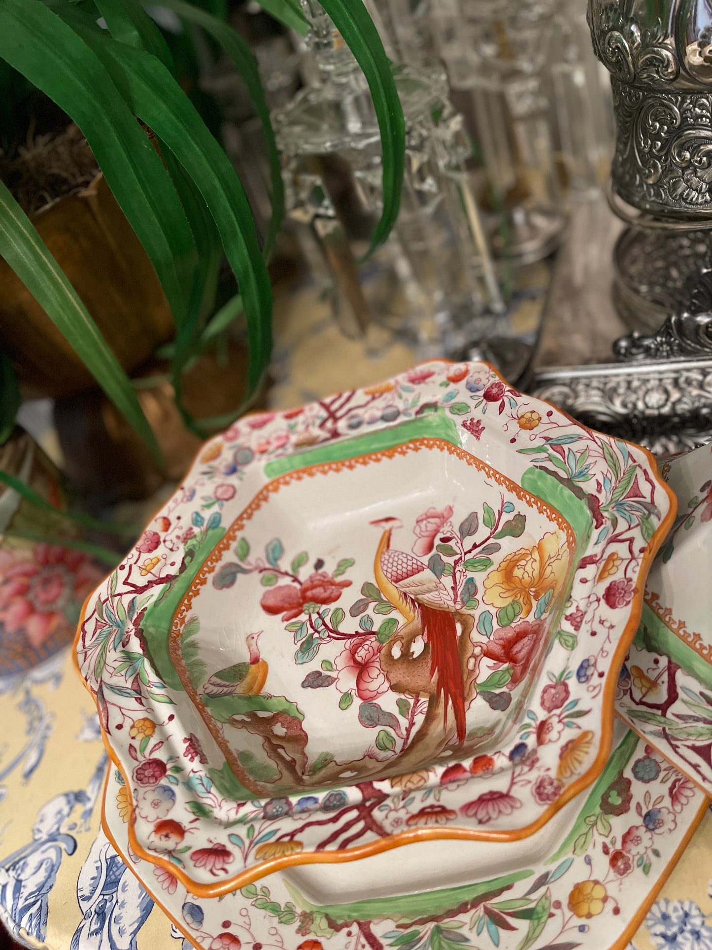 Antique Chinoiserie Birds of
Paradise Lidded Dish and Underplate by Ashworth
Bros. Hanley, Staffordshire England, Mason's Ironstone, Chinoiserie Chic