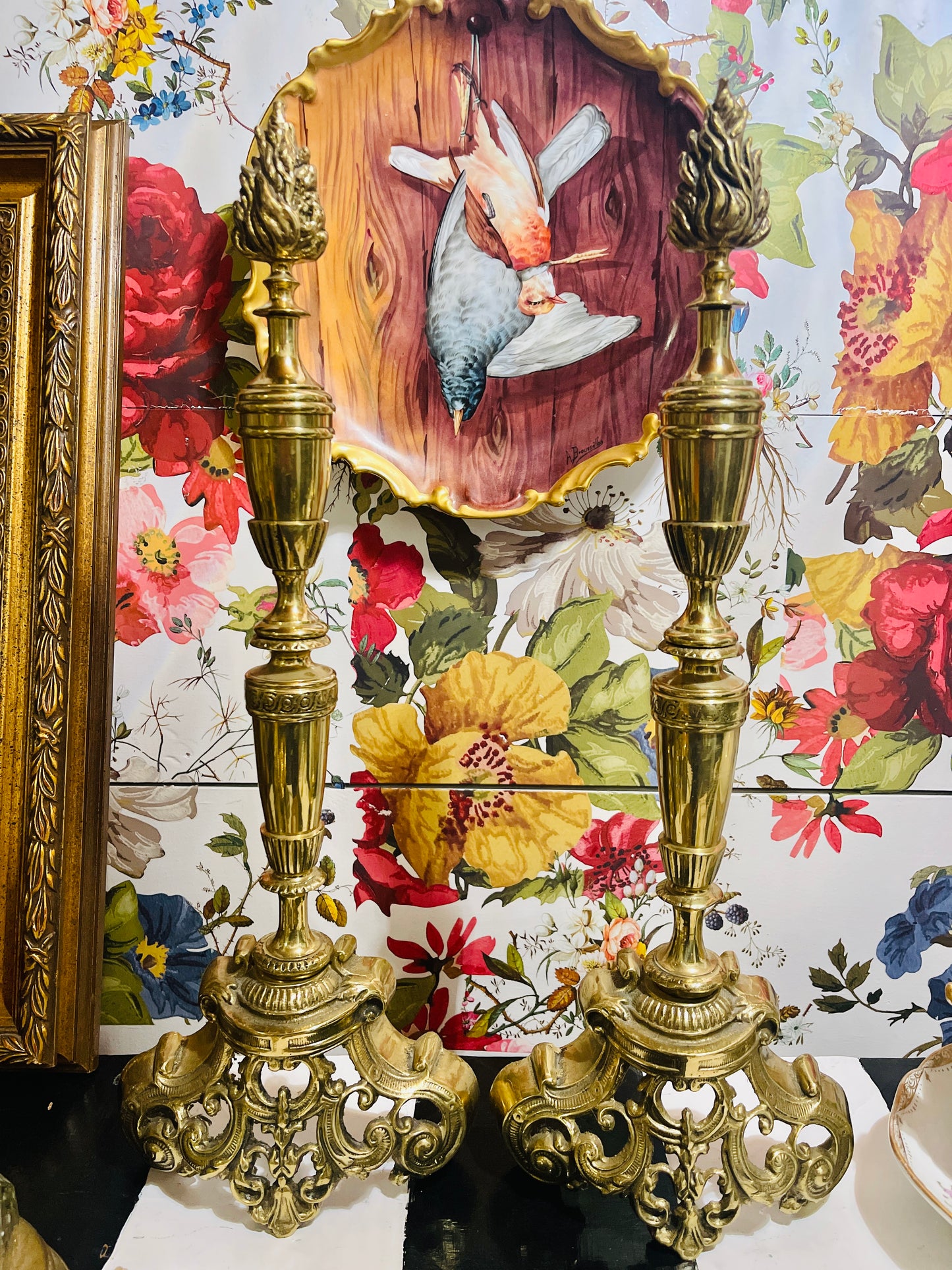 French Empire Style Ormolu Brass Andirons with Flame