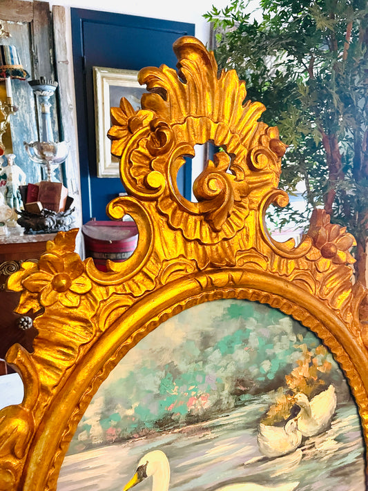 Original Swan Painting with Ducklings in Ornate Giltwood Frame, Signed | Vintage Style Nursery Wall Art | Romantic Blue, White & Blush Pink Decor | Round Top Antique Find