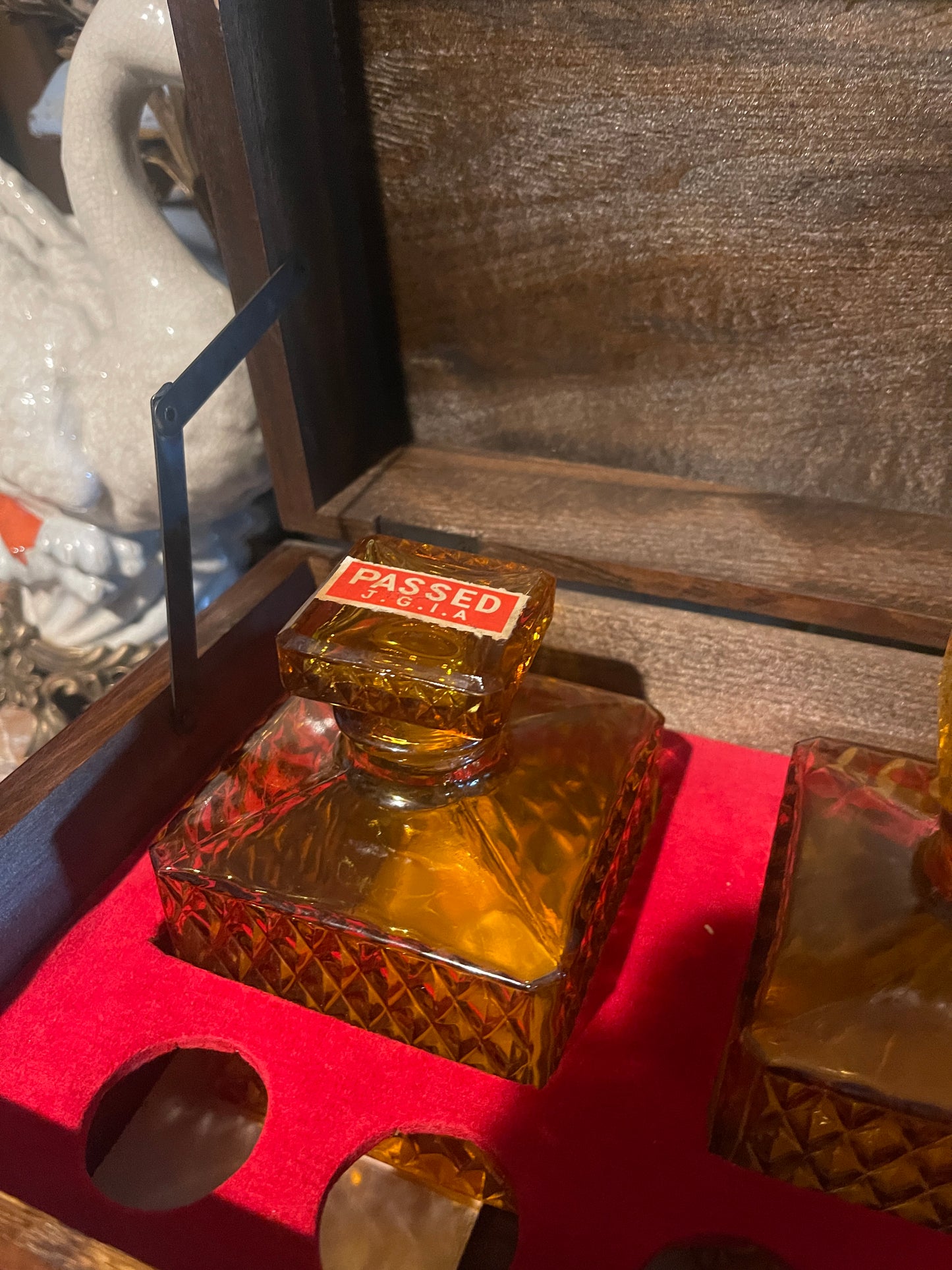 Vintage Japanese Wood “Book Stack” Box with Amber Glass Inset — Mid-Century Bar Set, Made in Japan