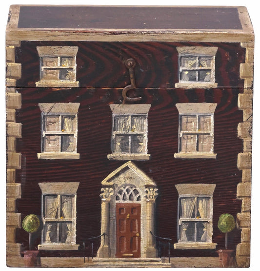 19th Century English Paint-Decorated Table Box with Topiaries, Georgian Townhouse Façade | English Folk Art Storage Box