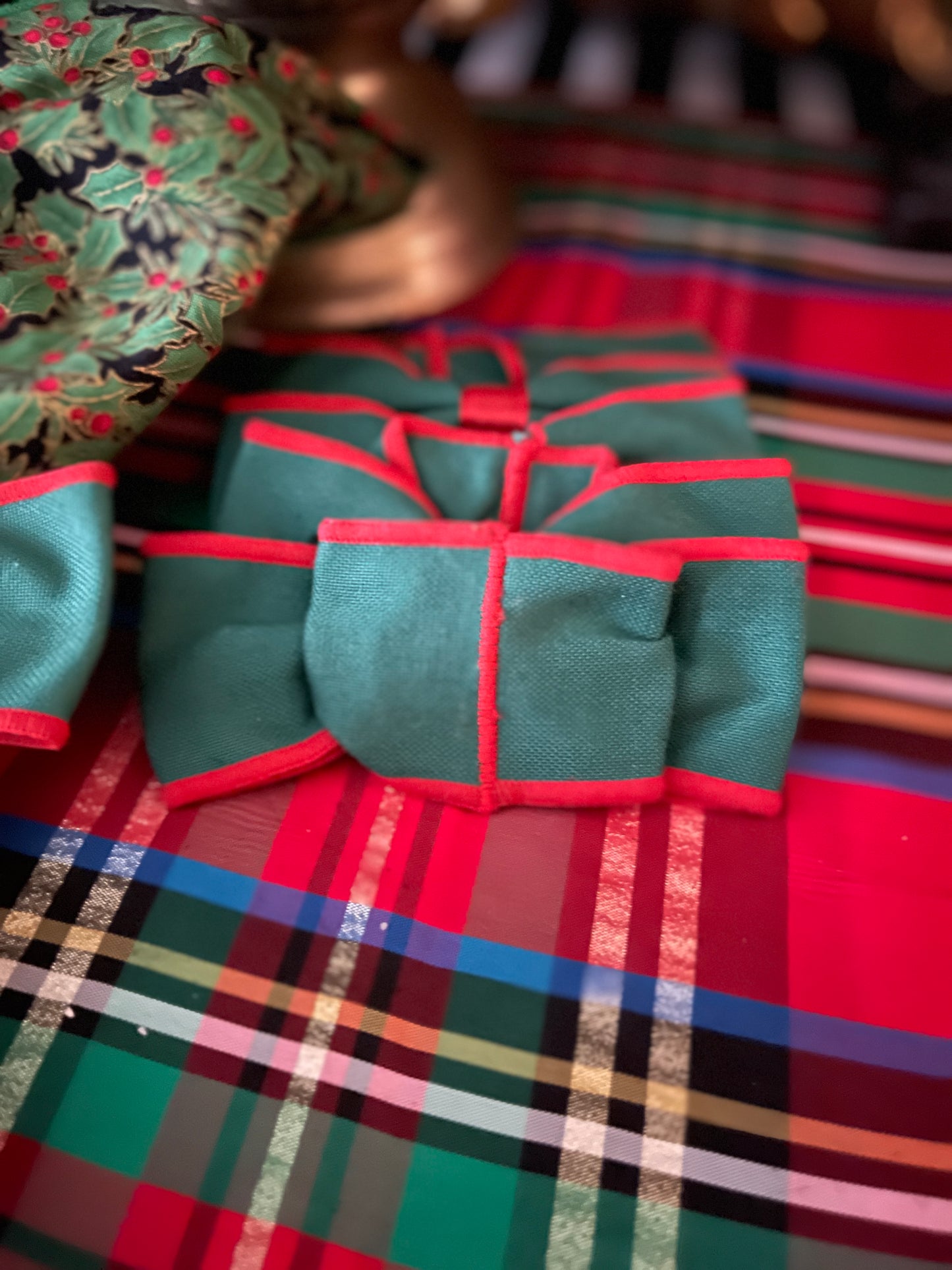 Vintage Green and Red Bow Fabric Napkin Rings, Set of Six