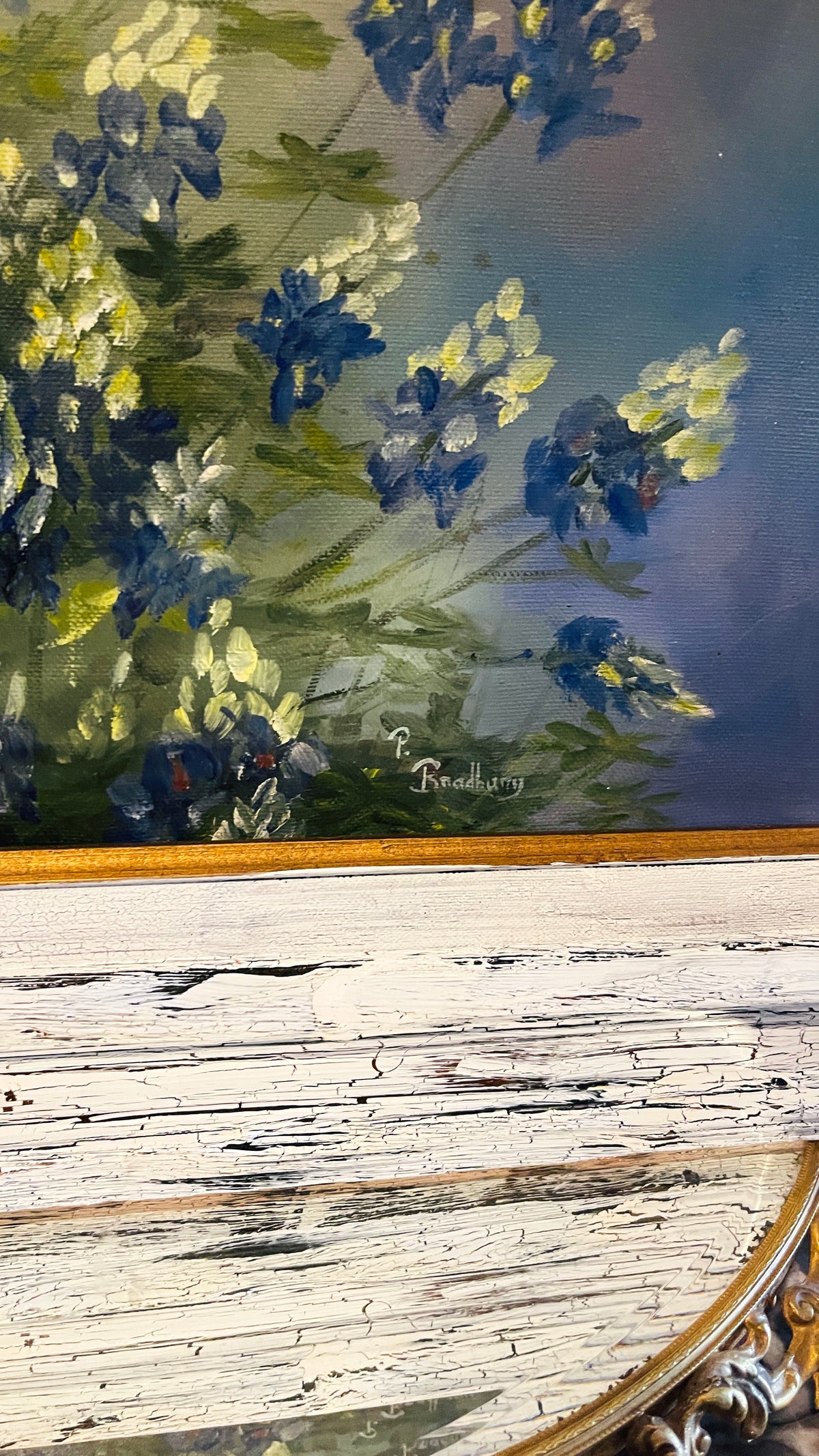 Artist-Signed Bluebonnet Painting in Chippy White Frame, Round Top Find