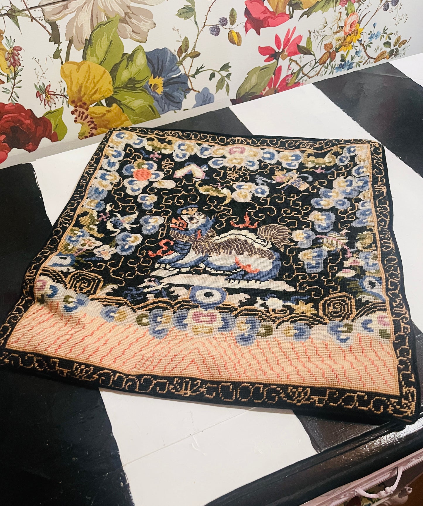 Vintage Chinoiserie Needlepoint Foo Dog Pillow Cover