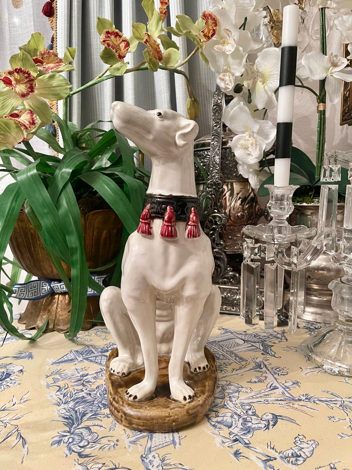 Vintage Whippet Statue with Tasseled Collar, Majolica Style, Hand Painted