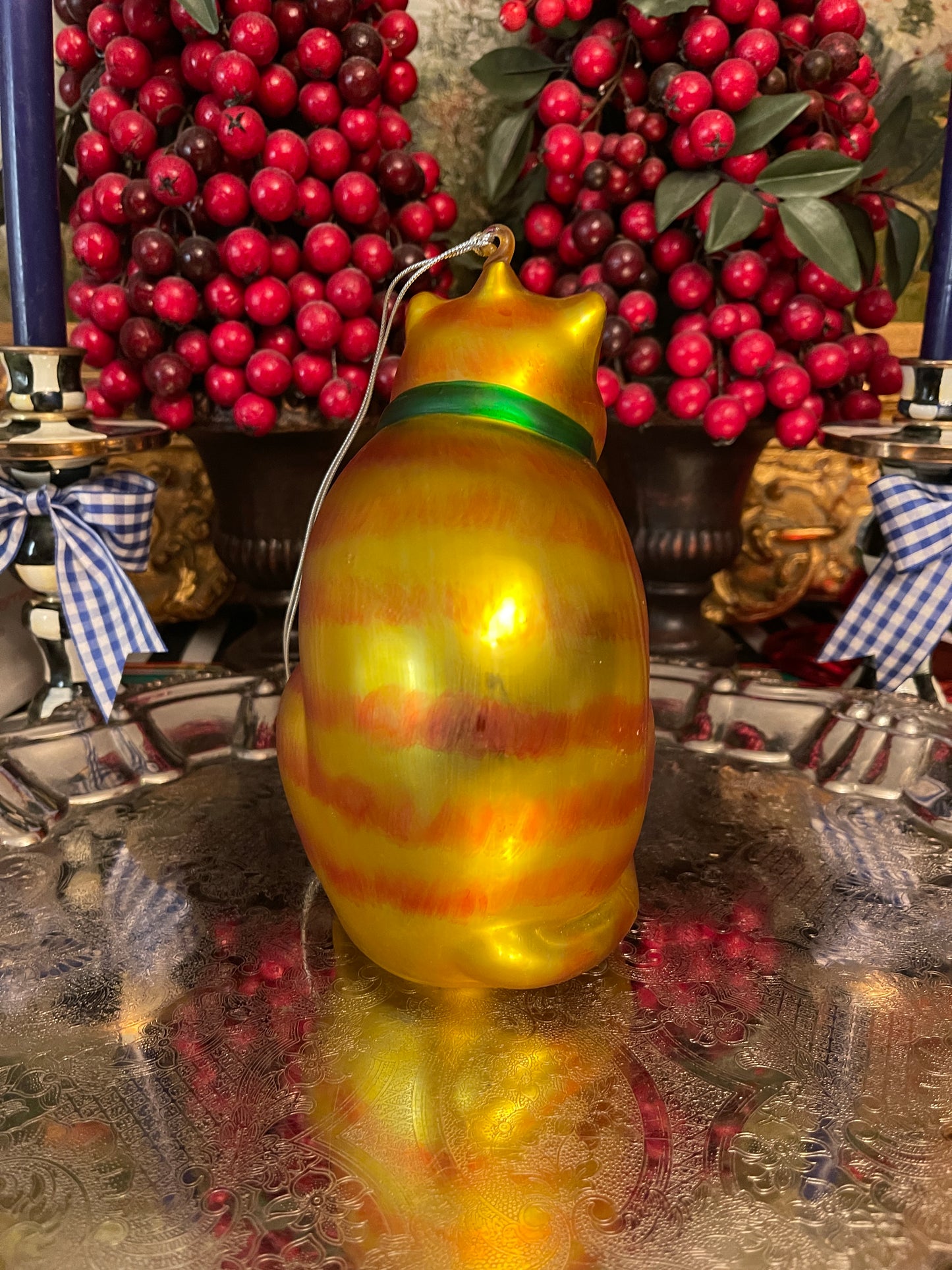 Vintage Hand Painted Dept 56 Fat Cat Mercury Glass Ornament
