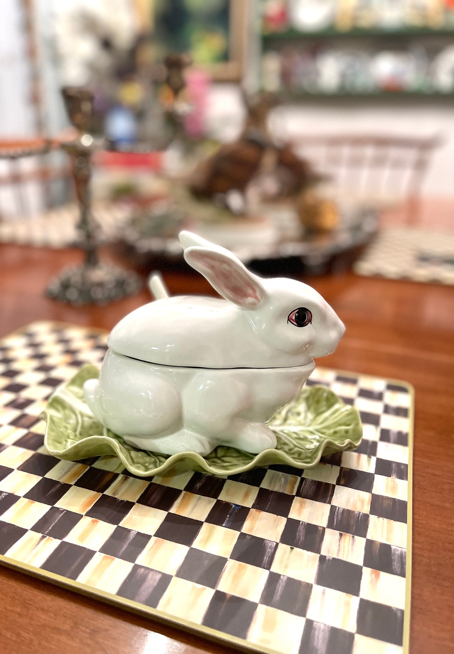Vintage Bordallo Pinheiro Rabbit Saucier Dish on Cabbage Leaf Under Plate with Ladle
