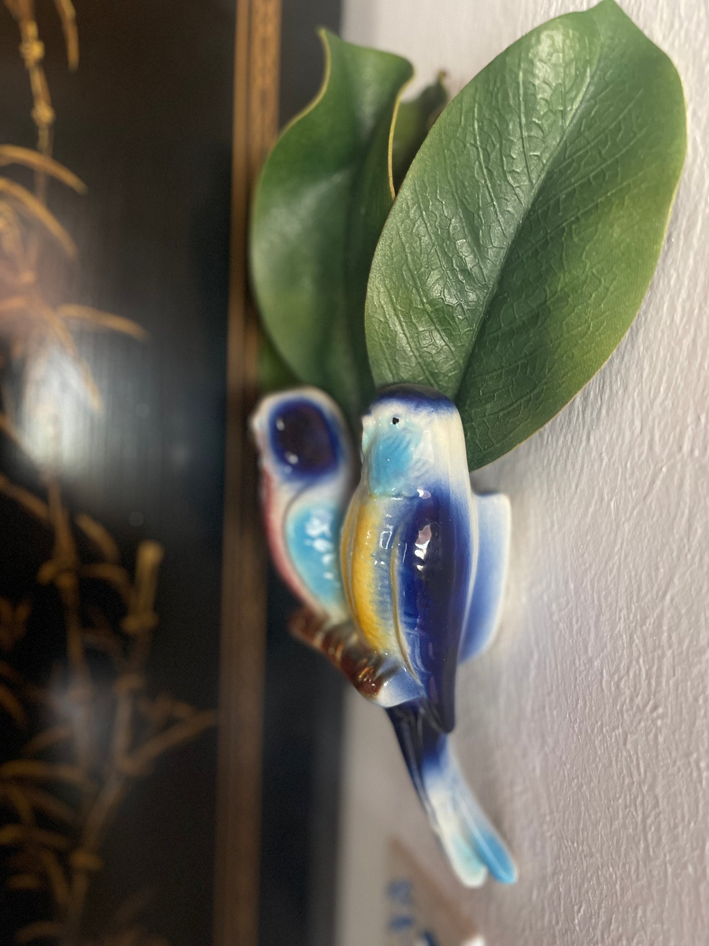 Vintage Budgie Parakeet Wall Pocket, Vibrant Blues, Pinks and Yellows with Gold Detail