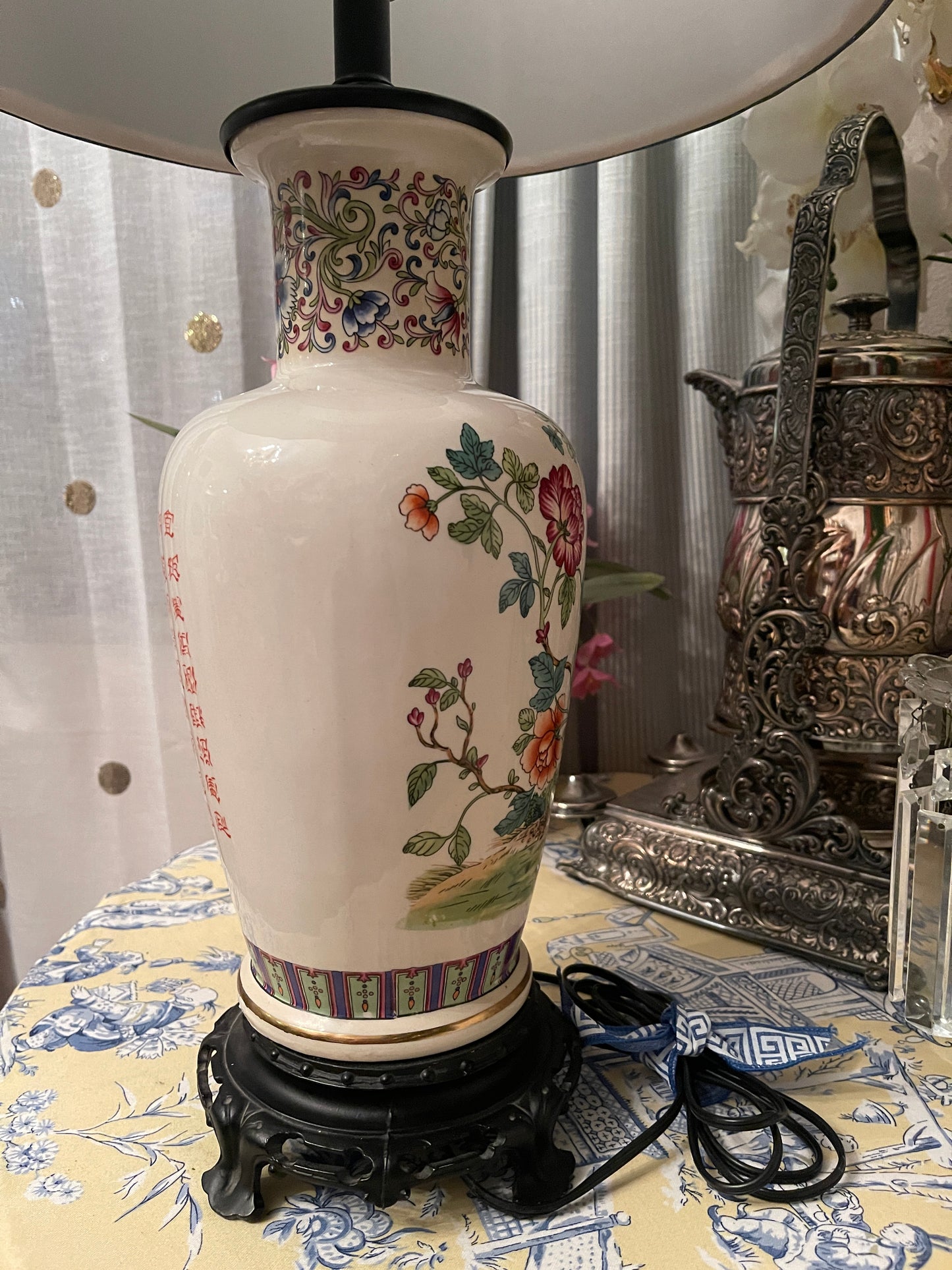 Vibrant Chinoiserie Lamp, Double Phoenix and Floral Chinoiserie Design, Ornate Metal Base