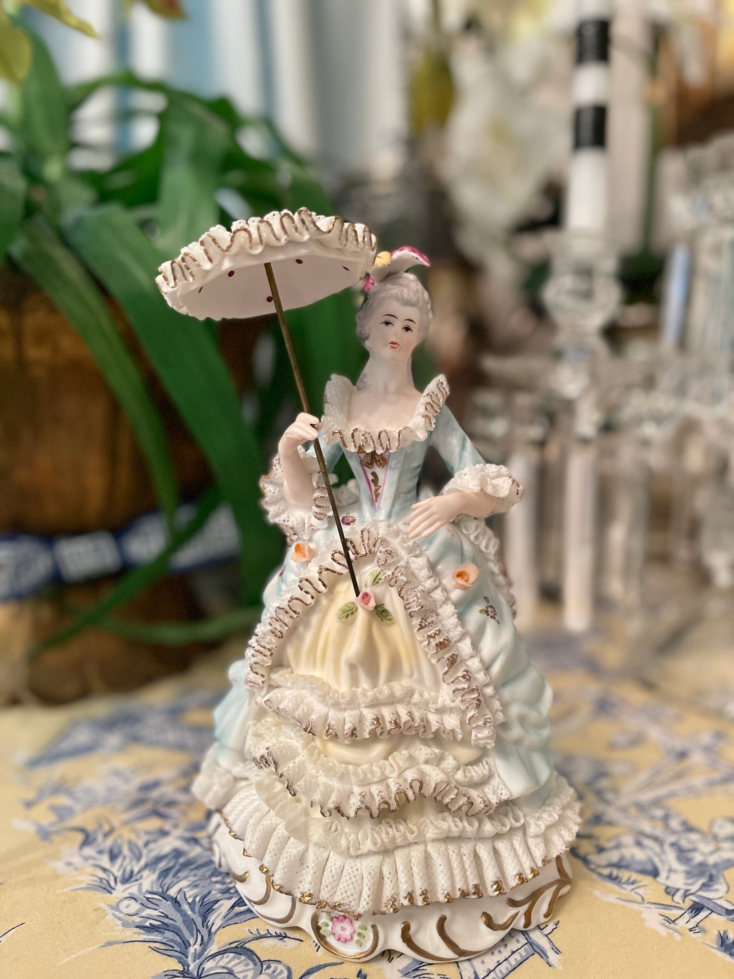 Victorian Statuette with Parasol, French Blue and White Dresden Style Lace Dress with Applied Porcelain Flowers