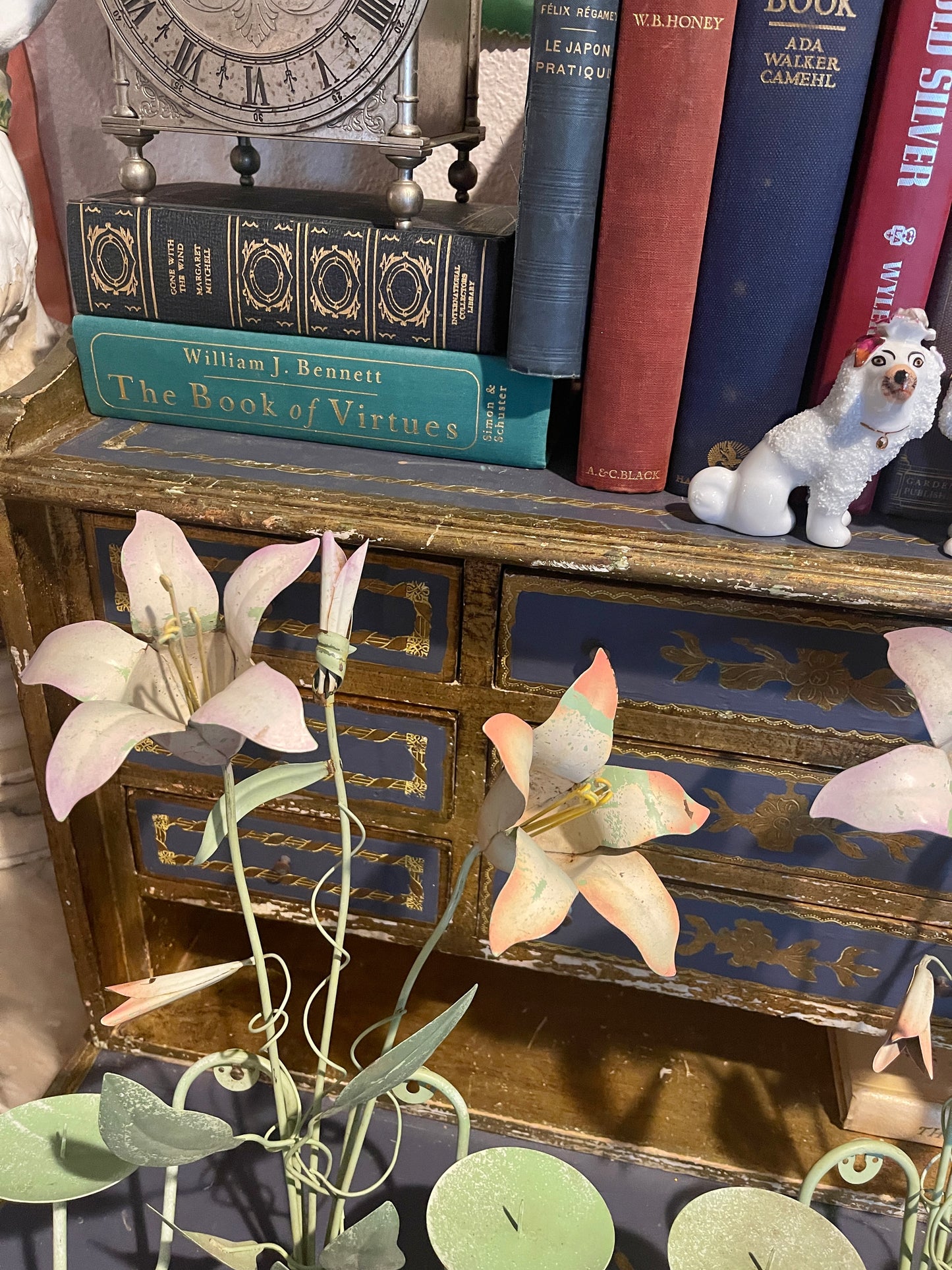Vintage Tole Pink and Green Lily Candle Sconces, Pair, Chippy Paint, Cottage Chic