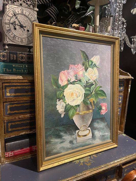 Vintage Still Life Oil Painting of Roses in Classical Urn | Signed M. Anderson | Framed Floral Artwork