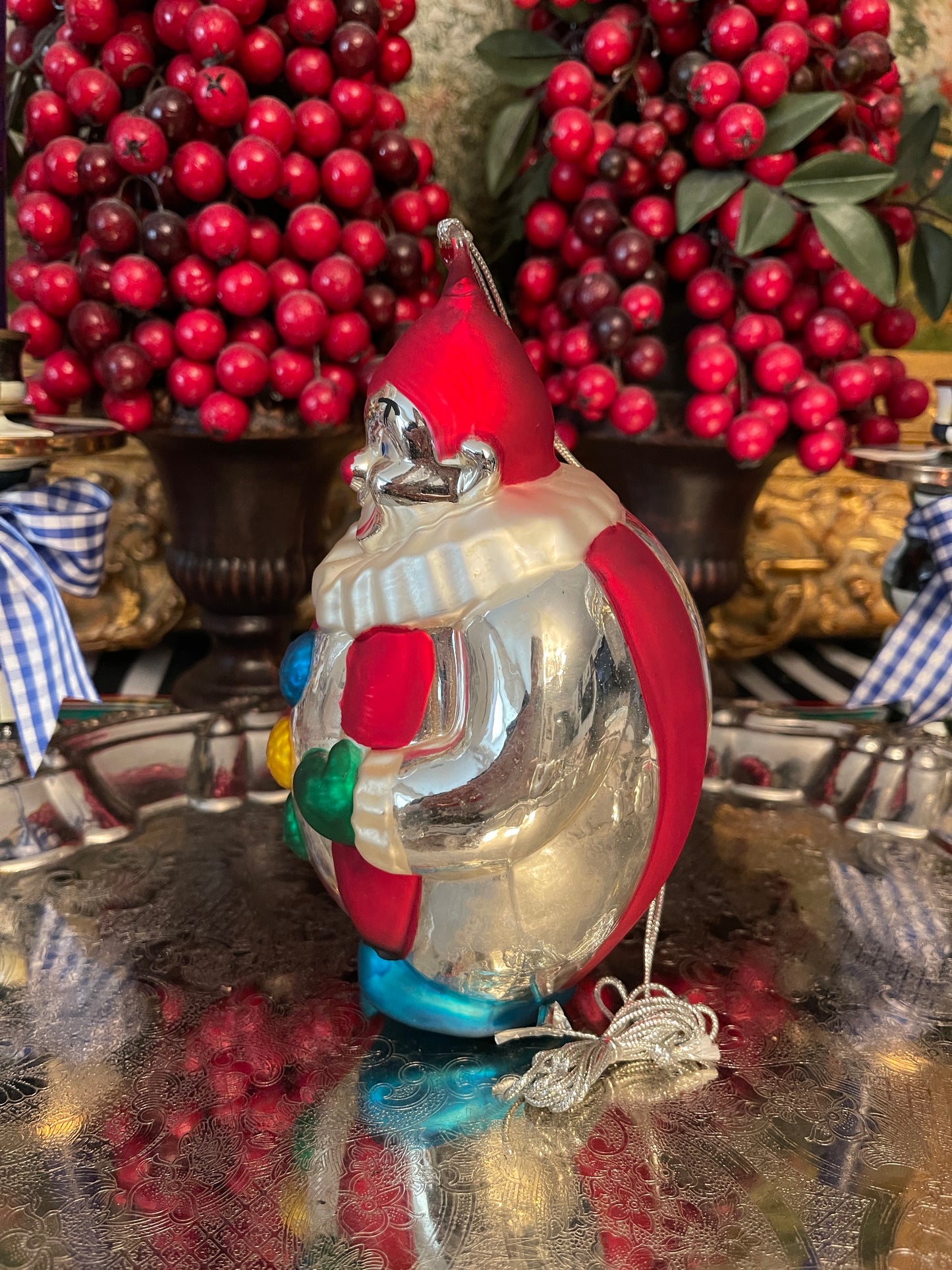 LARGE Vintage Dept 56 Mercury Glass Clown Ornament