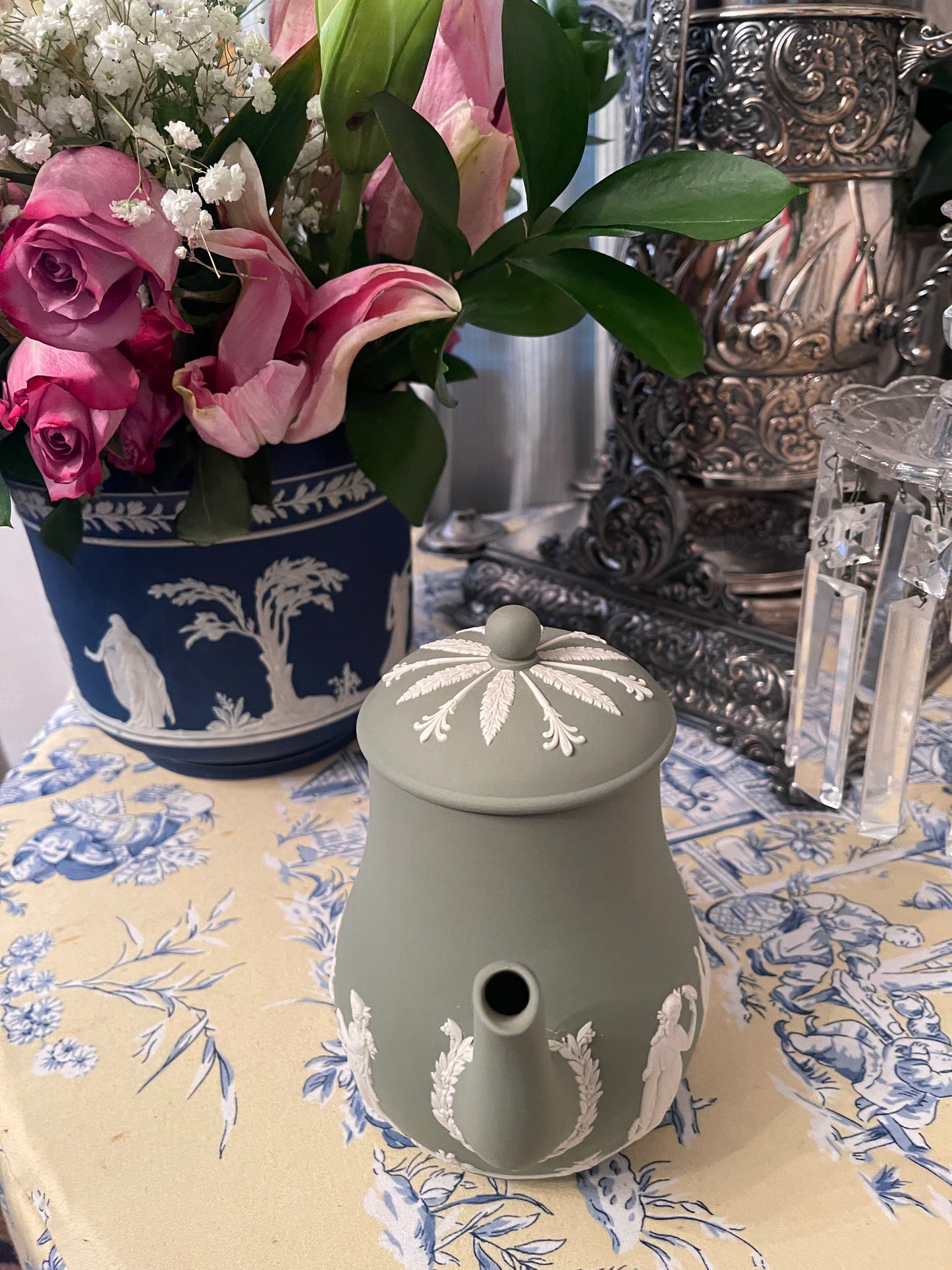 Wedgwood Cream on Sage Jasperware Coffee Pot with Lid, Vintage