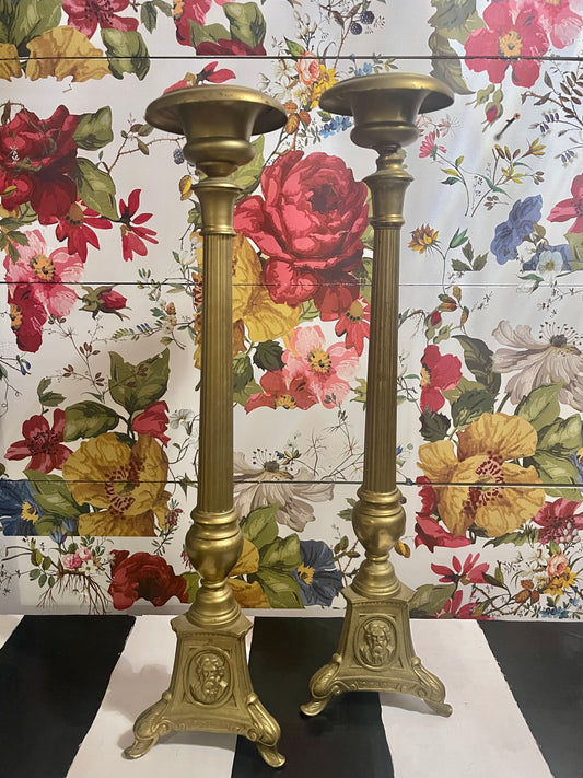 20th Century Pair of Brass Altar Stick Candlesticks with Jesus and Sacred Hearts, Altarware Brass Candlesticks