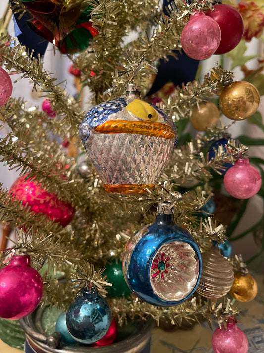Curated Pair of Vintage Blown Glass Ornaments Basket of Fruit and Indent
