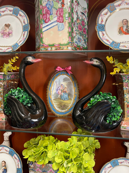 Black Swan Cache Pot Planter Pair, Mid 20th Century, Maddox Pottery