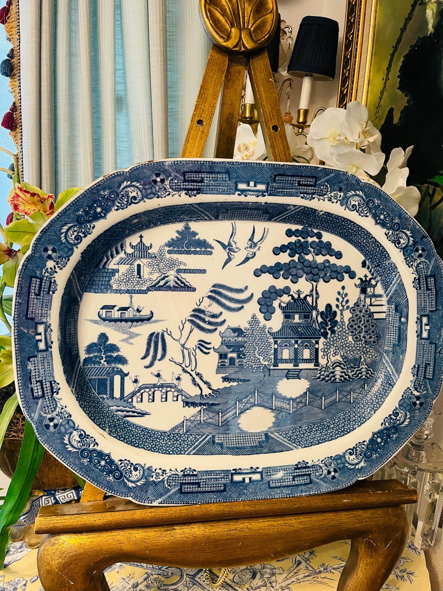 Antique English Blue Willow Platter – 20” Deep Cobalt Transferware Dish | Vintage Octagonal Serving Plate | Willow Pattern China
