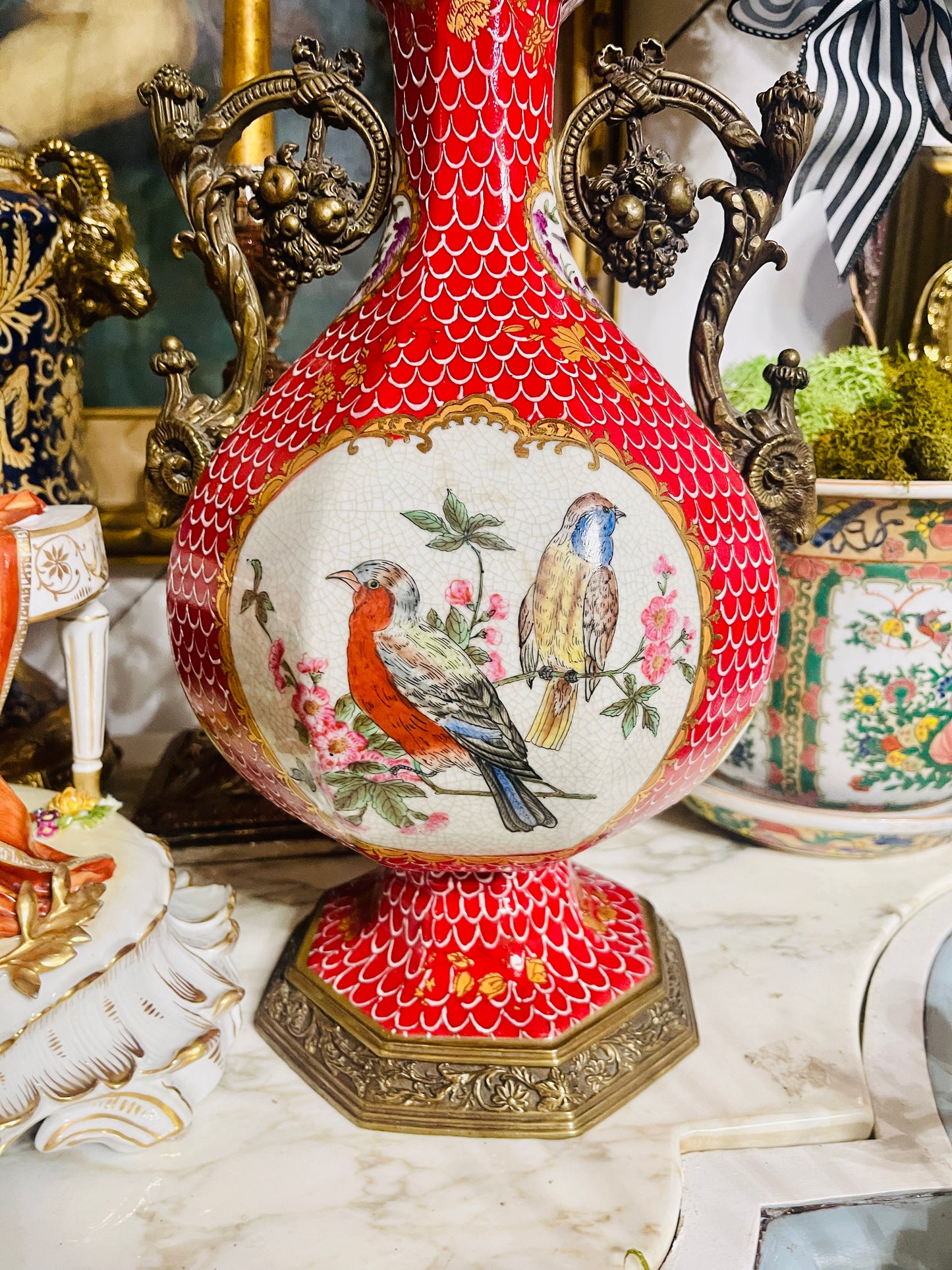 Vintage Red Porcelain Bird Lamps Pair | Ormolu Bow & Wreath Handles | European Twists, Grandmillennial / Chinoiserie Decor