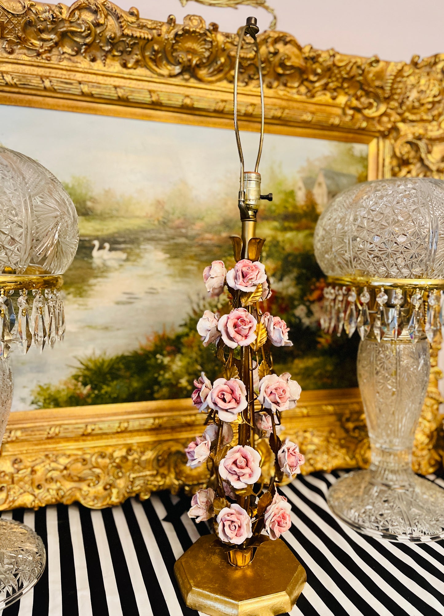 Vintage Italian Gilt Tole Lamp with Pink Porcelain CAPOdimonte Roses