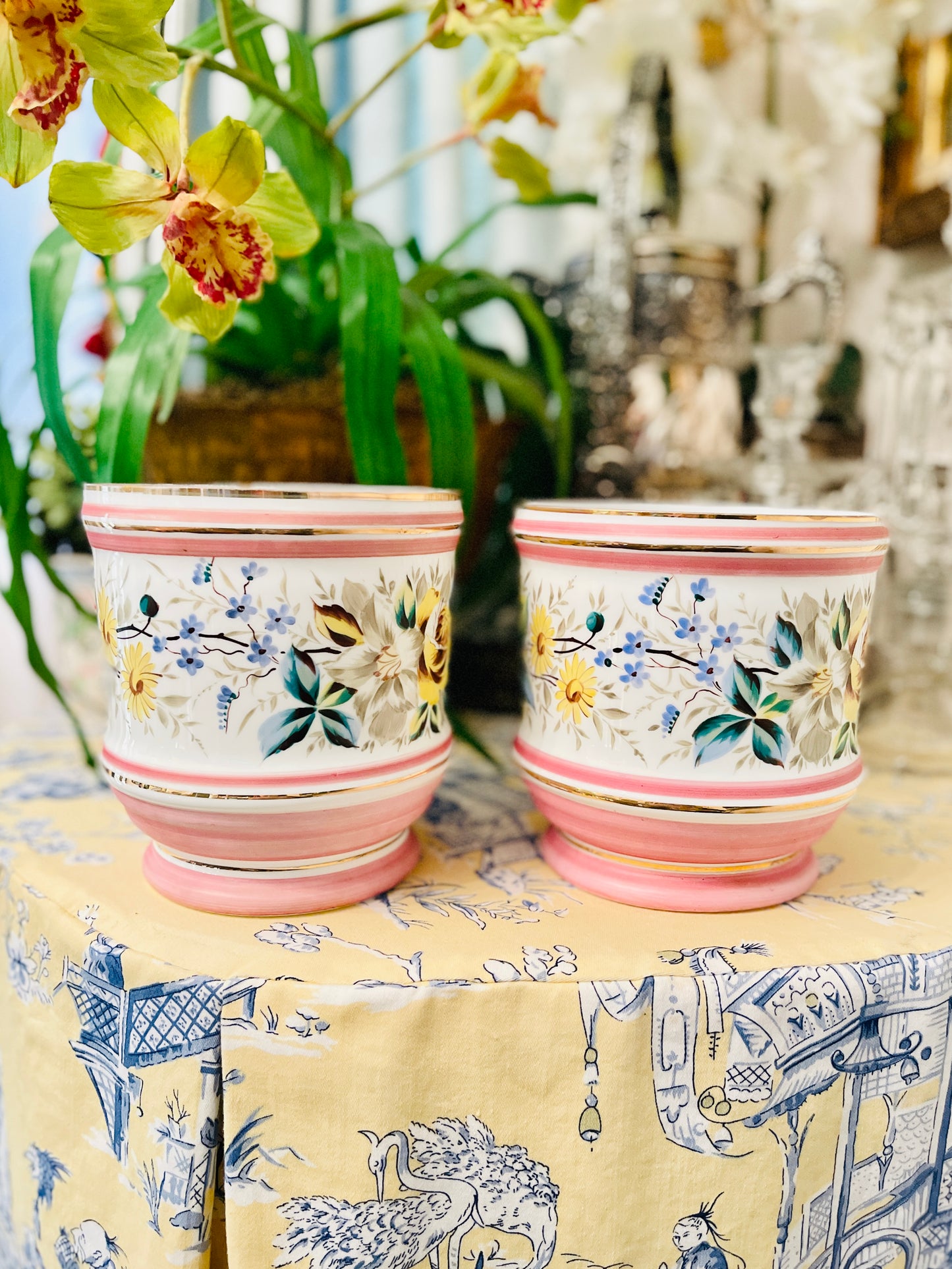 Vintage Porcelain Jardiniere, Pink and White with Hand Painted Flowers and Gilt Detail, Made in Germany, Estate Decor