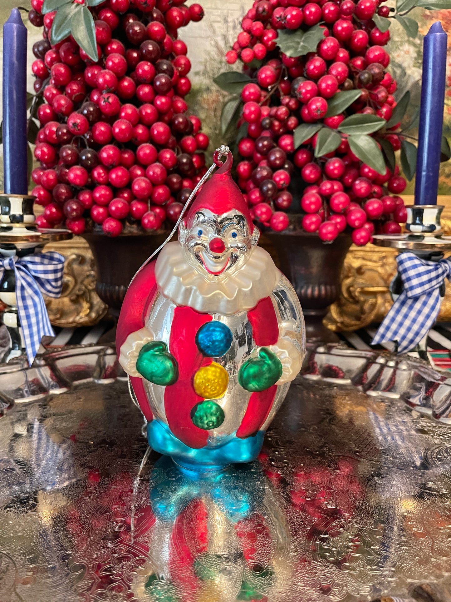 LARGE Vintage Dept 56 Mercury Glass Clown Ornament
