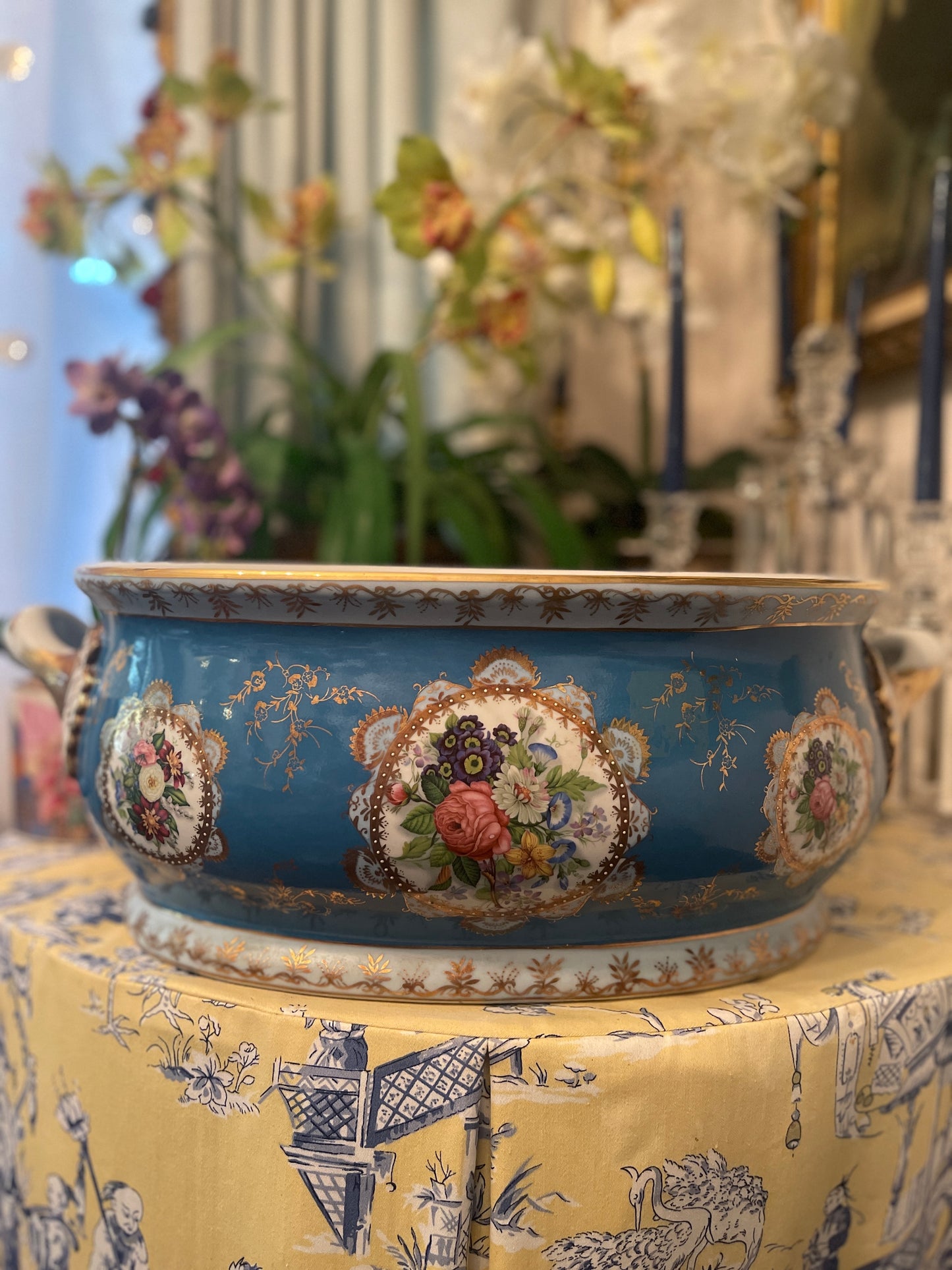 XLarge Porcelain Foot Bath, vibrant blue and white with multi-colored floral medallions and gold accents,