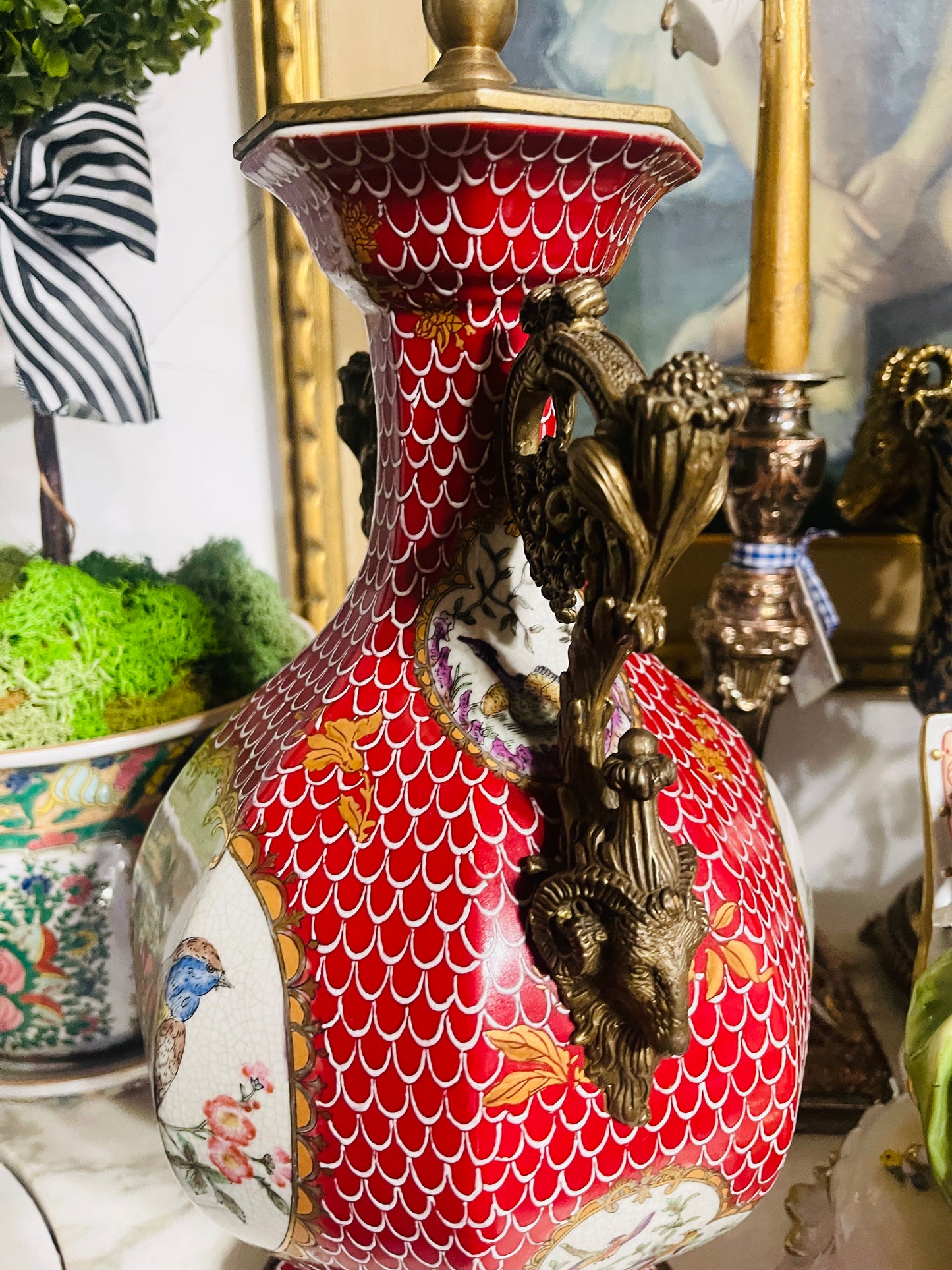 Vintage Red Porcelain Bird Lamps Pair | Ormolu Bow & Wreath Handles | European Twists, Grandmillennial / Chinoiserie Decor