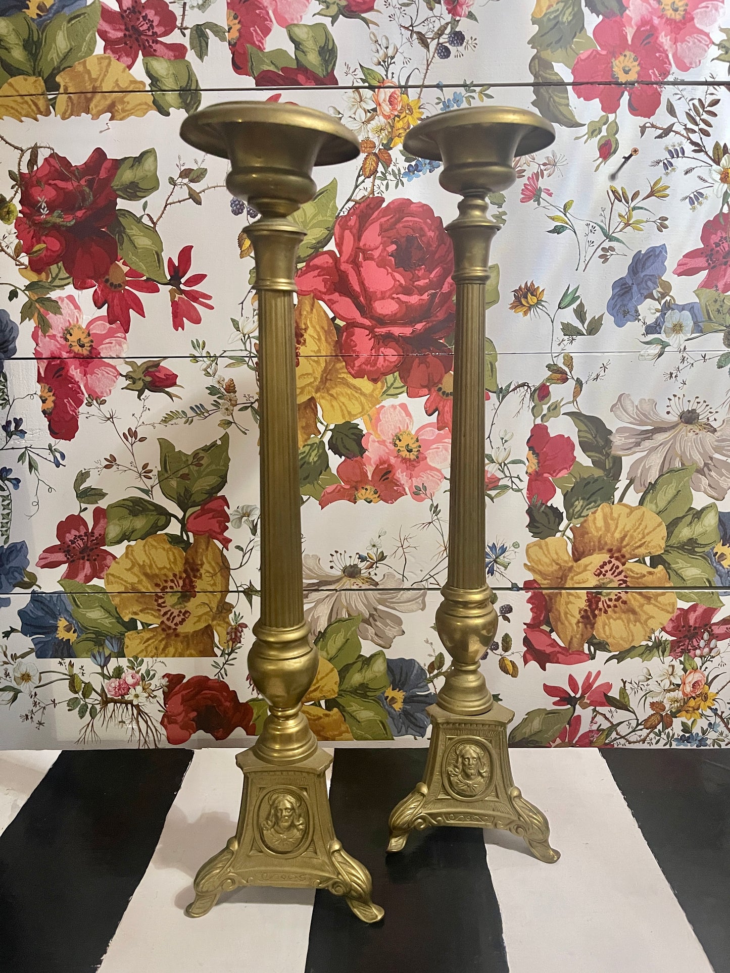 20th Century Pair of Brass Altar Stick Candlesticks with Jesus and Sacred Hearts, Altarware Brass Candlesticks