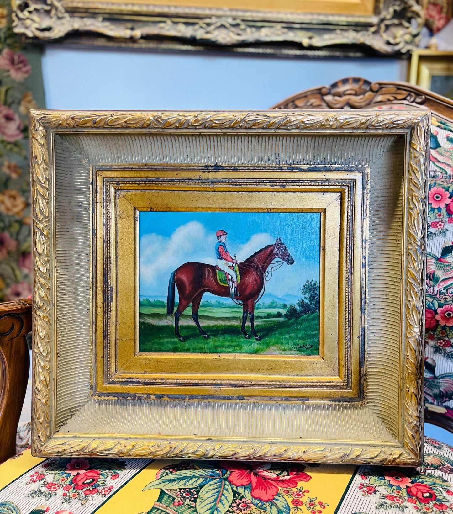 Vintage Equestrian Oil Painting – Jockey & Thoroughbred Horse, Gold Frame, Signed