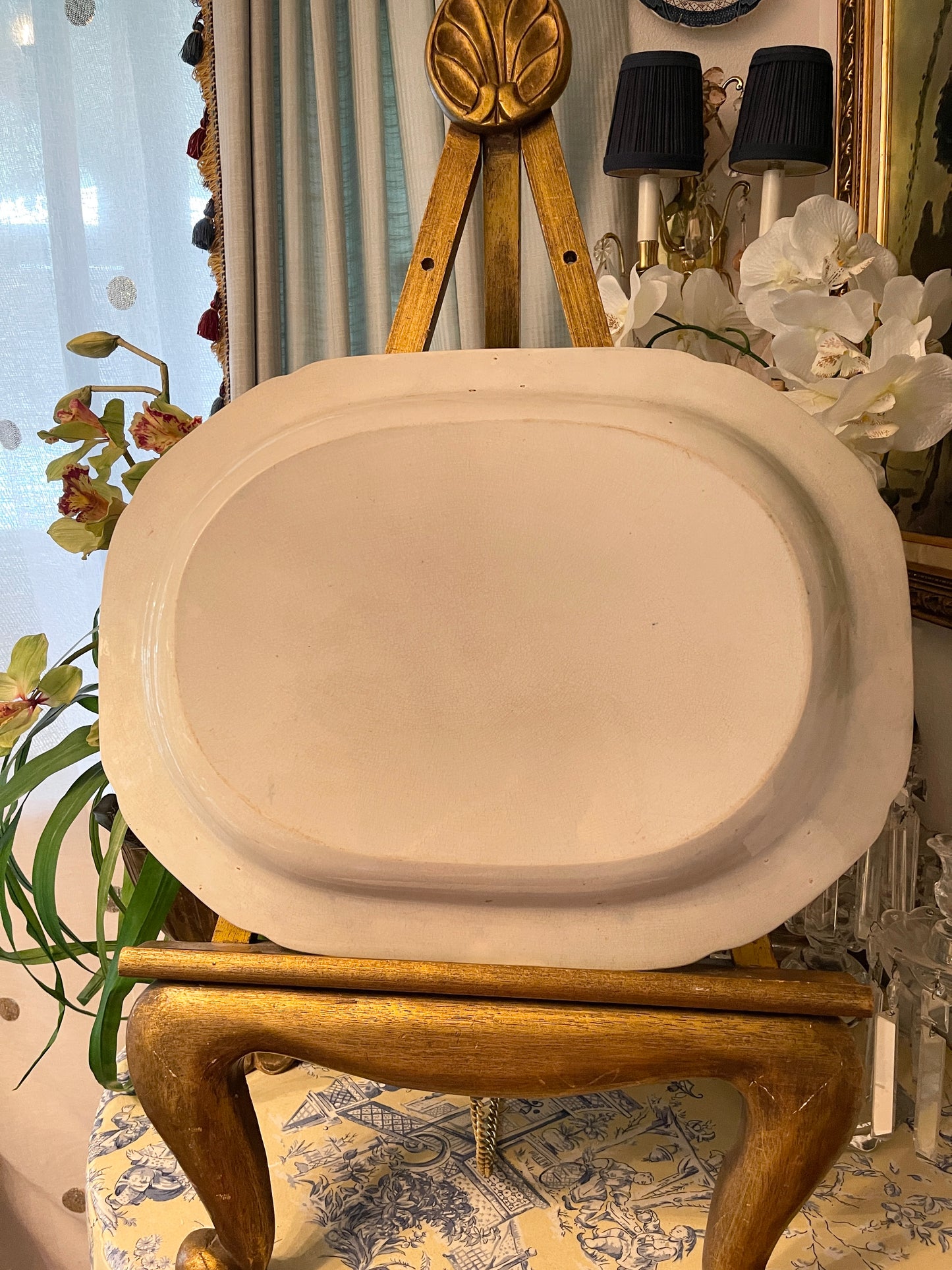 Antique English Chinoiserie Platter – 20” Date Palm & Royal Barge Blue Transferware | Early 1800s Orientalist Pattern Serving Dish