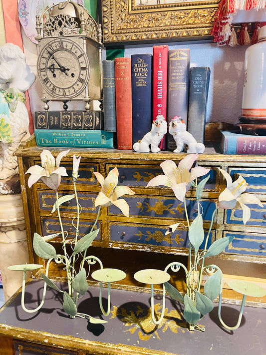 Vintage Tole Pink and Green Lily Candle Sconces, Pair, Chippy Paint, Cottage Chic