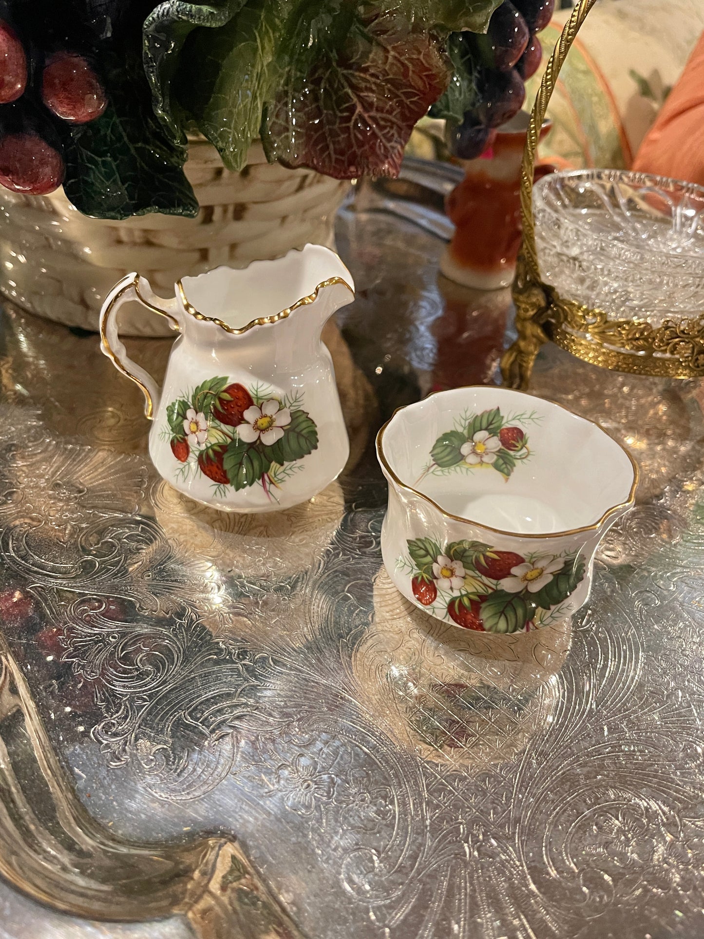 Vintage Strawberry Ripe Hammersley Creamer and Sugar Bowl, Bone China, Made in England