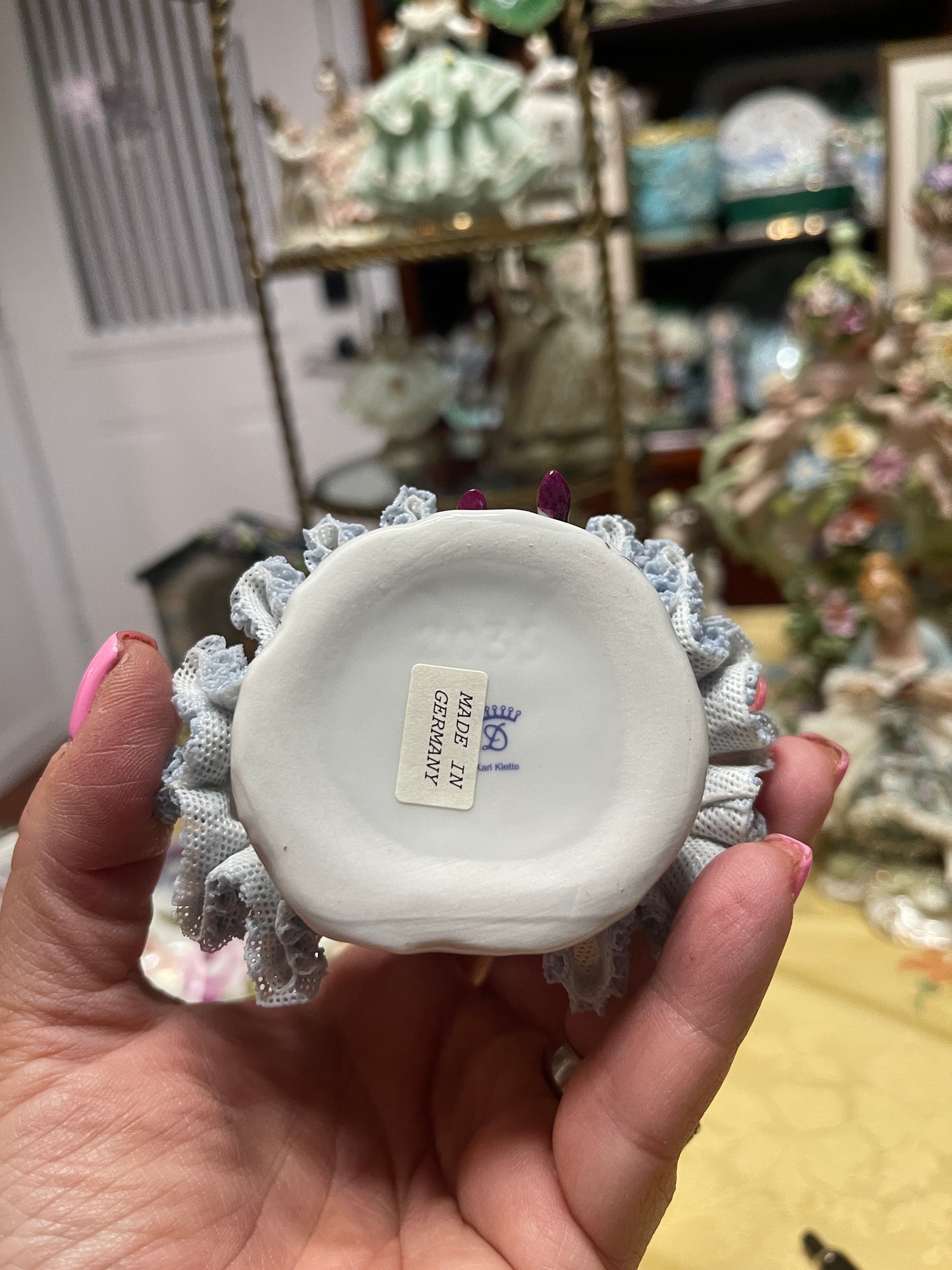 German Porcelain Dresden-Style Lace Sitting Figurine | Vintage European Porcelain