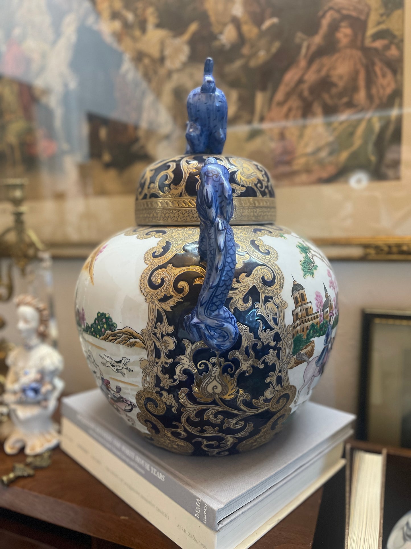 Chinoiserie 15”Ginger Jar, Colonial Hunt Scene, 20th Century