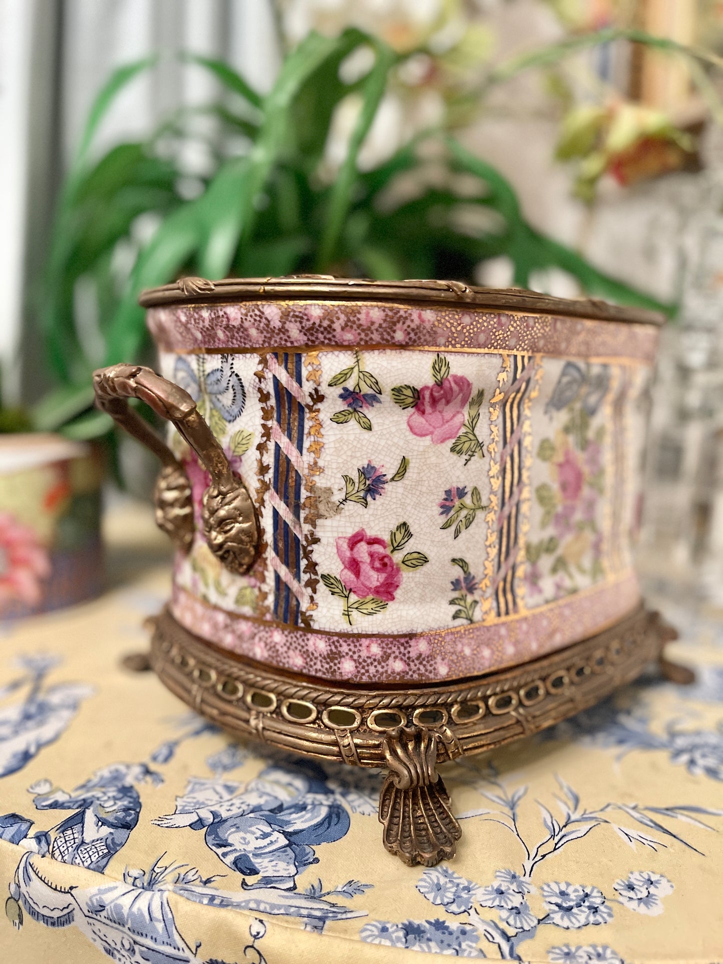 Vintage Floral Porcelain and Ormolu Shell Footed Planter, Blue Bow, Double Handled
