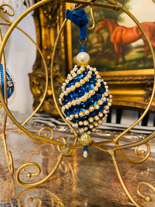 Cobalt Blue and White Victorian Push Pin Christmas Ornaments, Set of 2