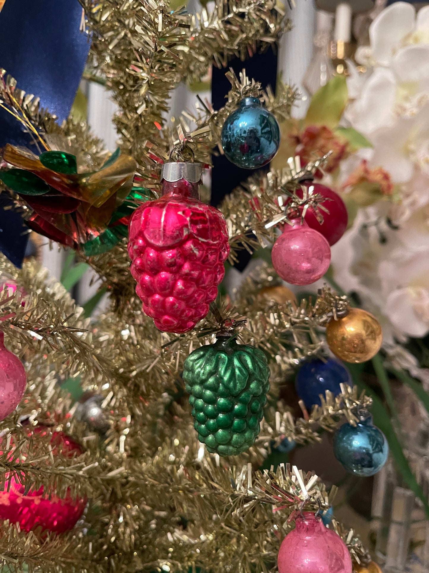 Vintage Pink and Green Blown Glass Grape Cluster Ornament Pair