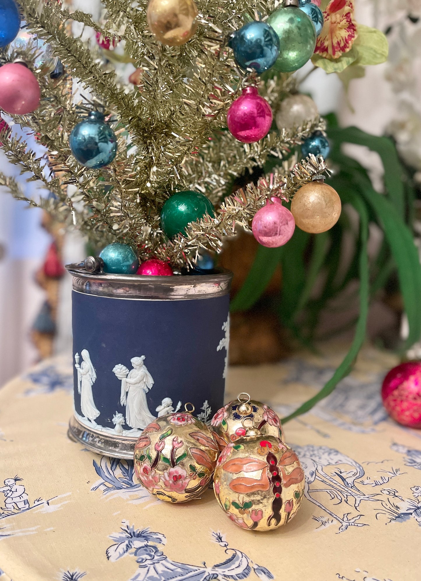 Vintage Cloisonne Dragonfly, Butterfly, and Botanicals Ornaments, Set of 3