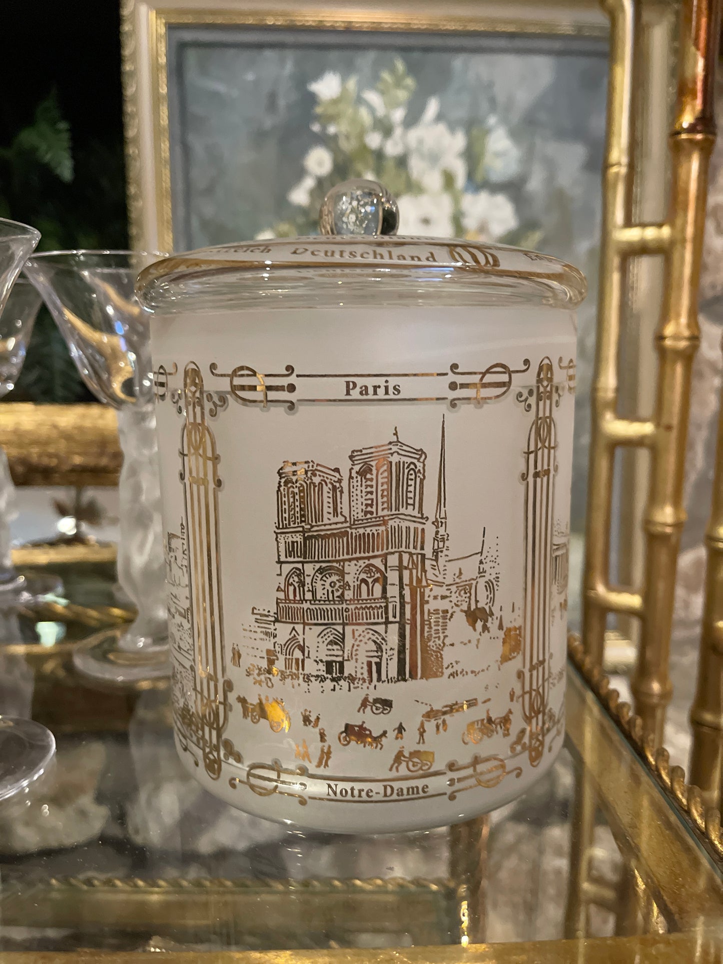 Lebkuchen Schmidt Lidded Canister, Frosted Glass, Gilt Scenes from Paris and London