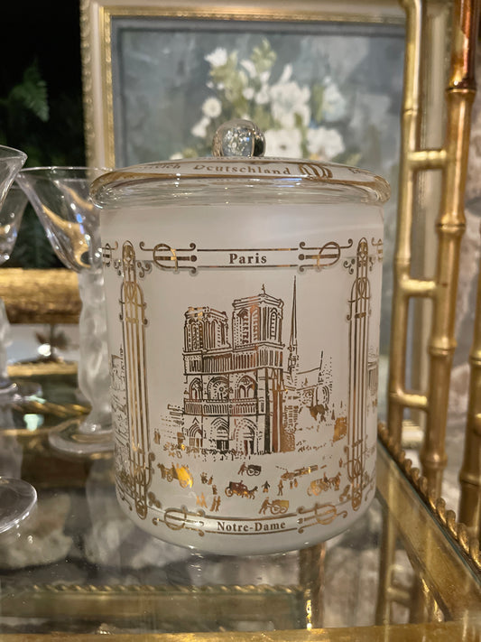 Lebkuchen Schmidt Lidded Canister, Frosted Glass, Gilt Scenes from Paris and London