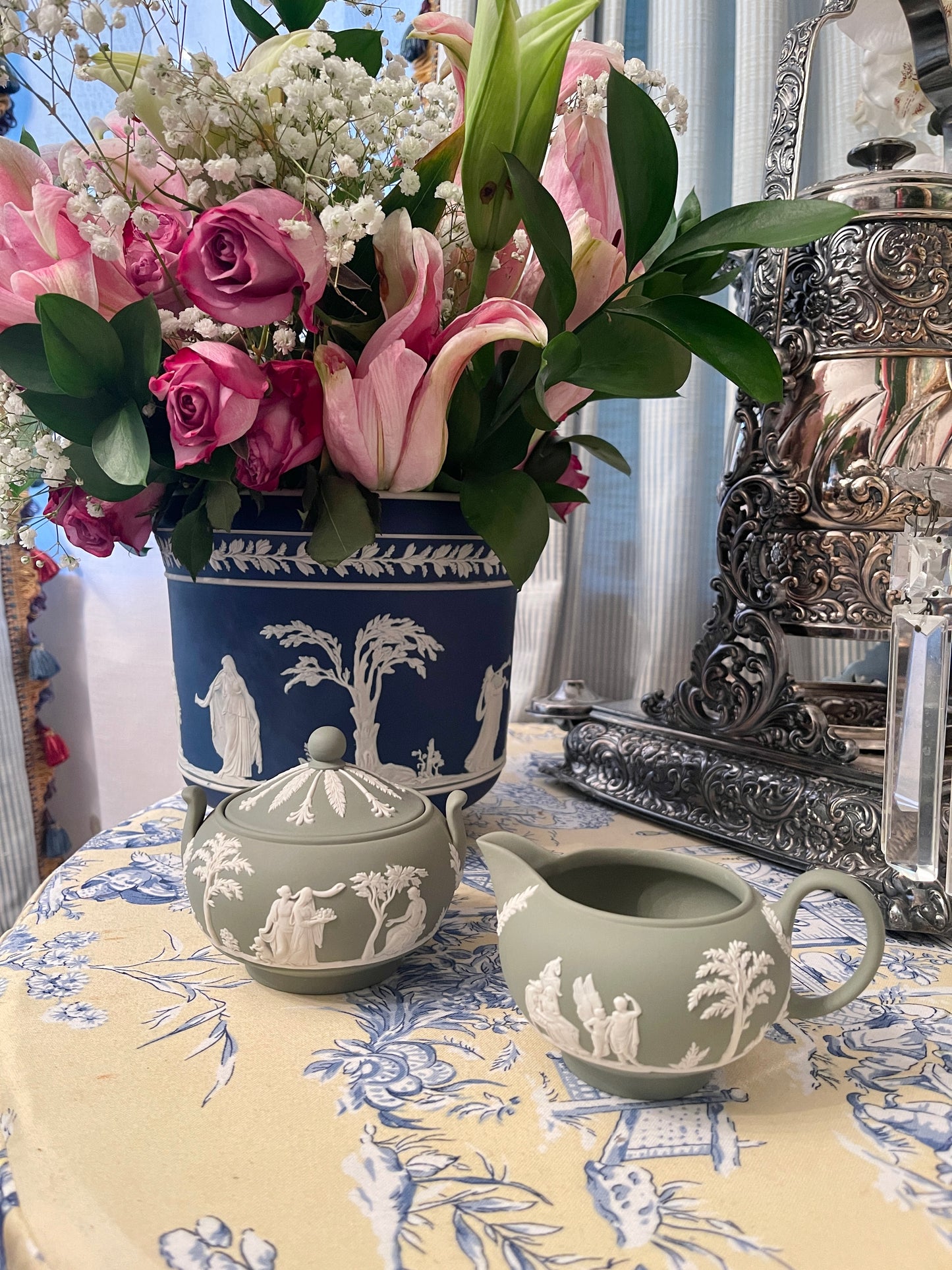 Wedgwood Cream and Lidded Sugar Bowl Set, Cream on Celadon Jasperware, Vintage