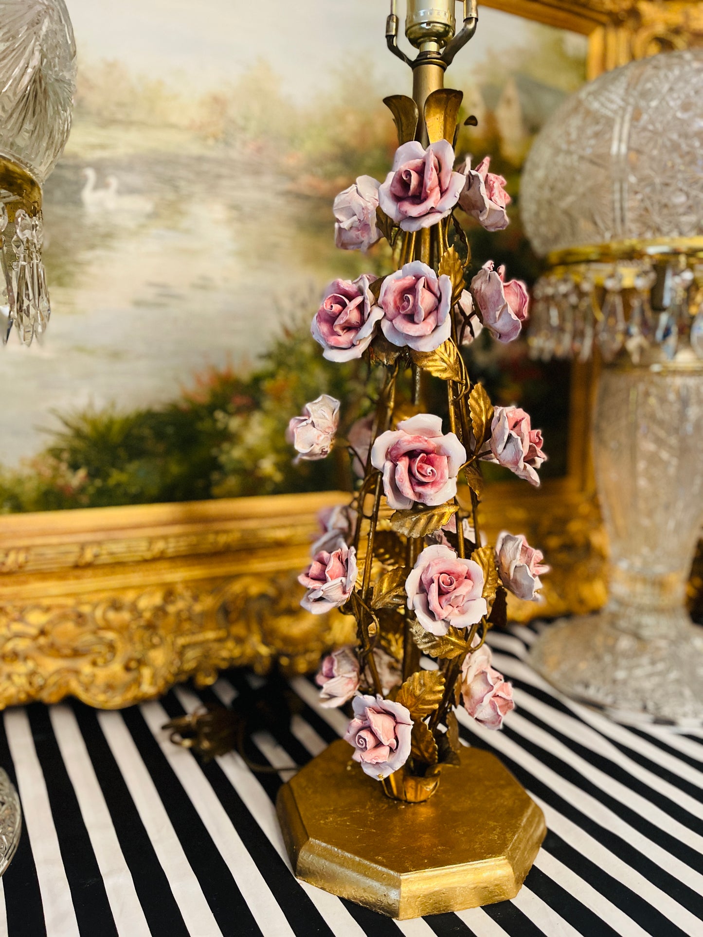 Vintage Italian Gilt Tole Lamp with Pink Porcelain CAPOdimonte Roses