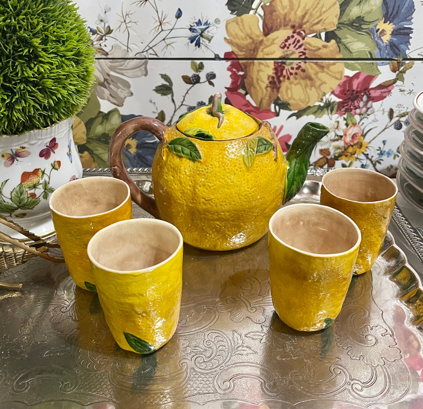 Vintage Majolica Lemon Tea Set, Made in Japan, Garden Party Chic