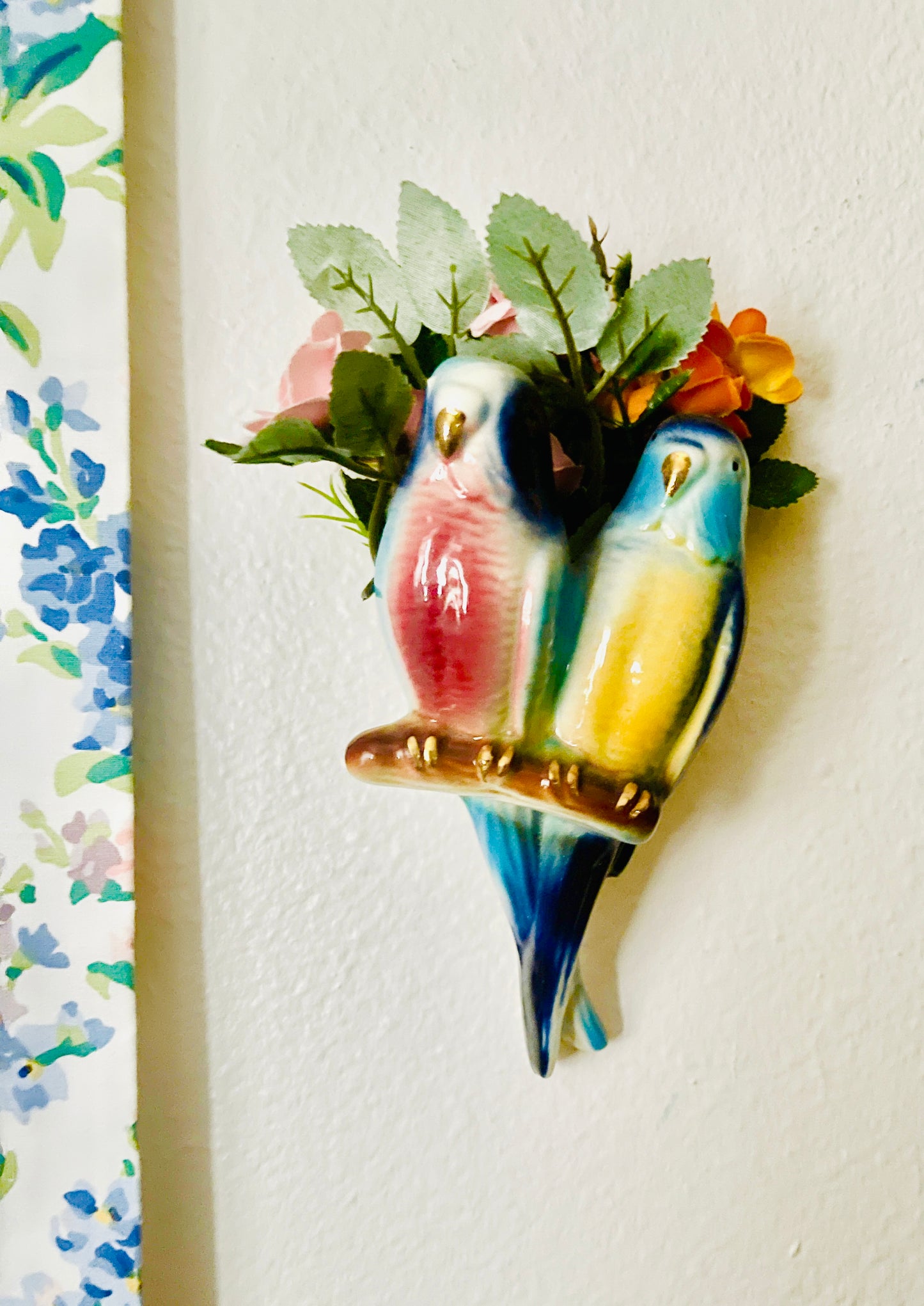 Vintage Colorful Budgie/Parakeet Wall Pocket