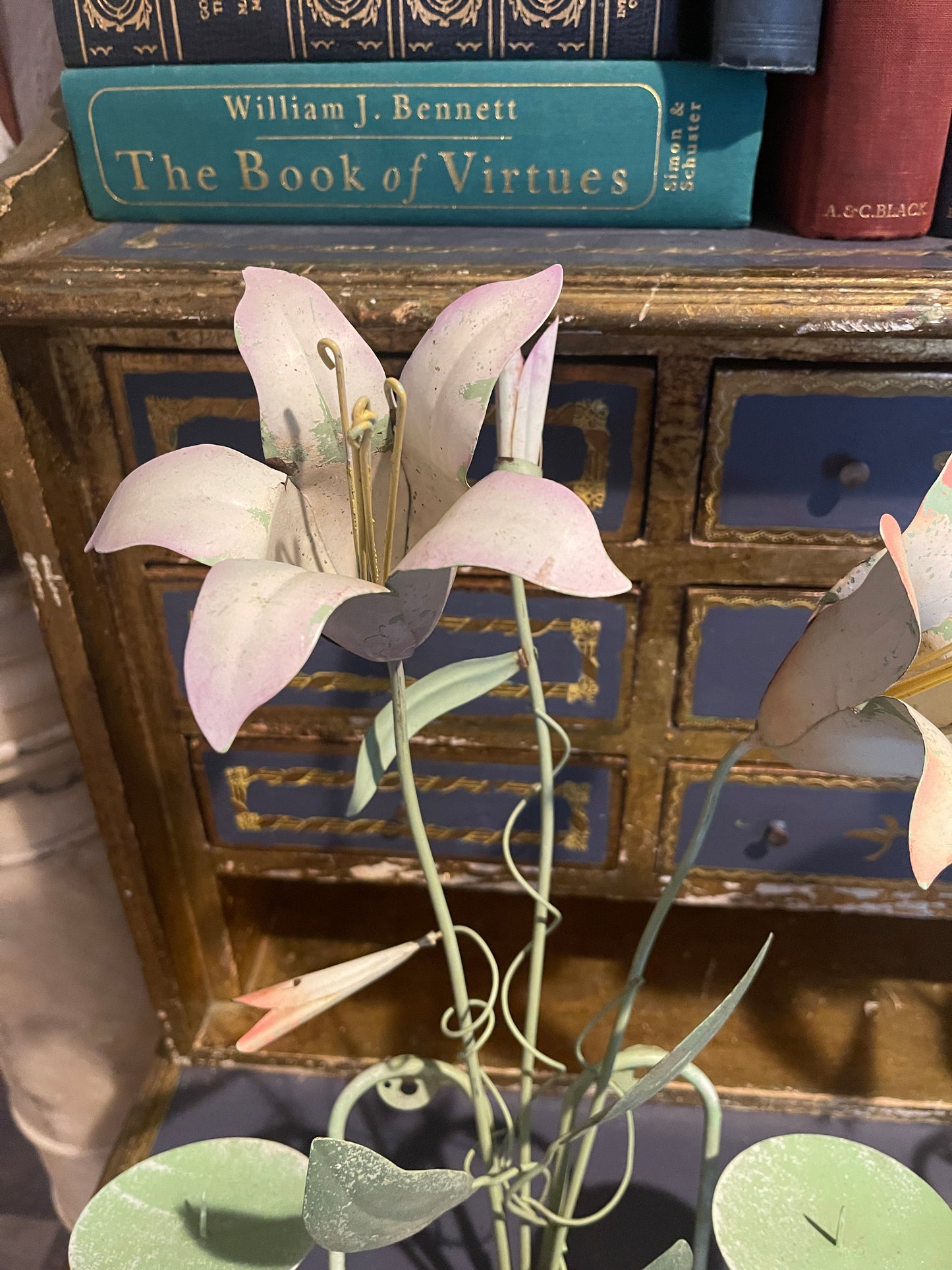 Vintage Tole Pink and Green Lily Candle Sconces, Pair, Chippy Paint, Cottage Chic