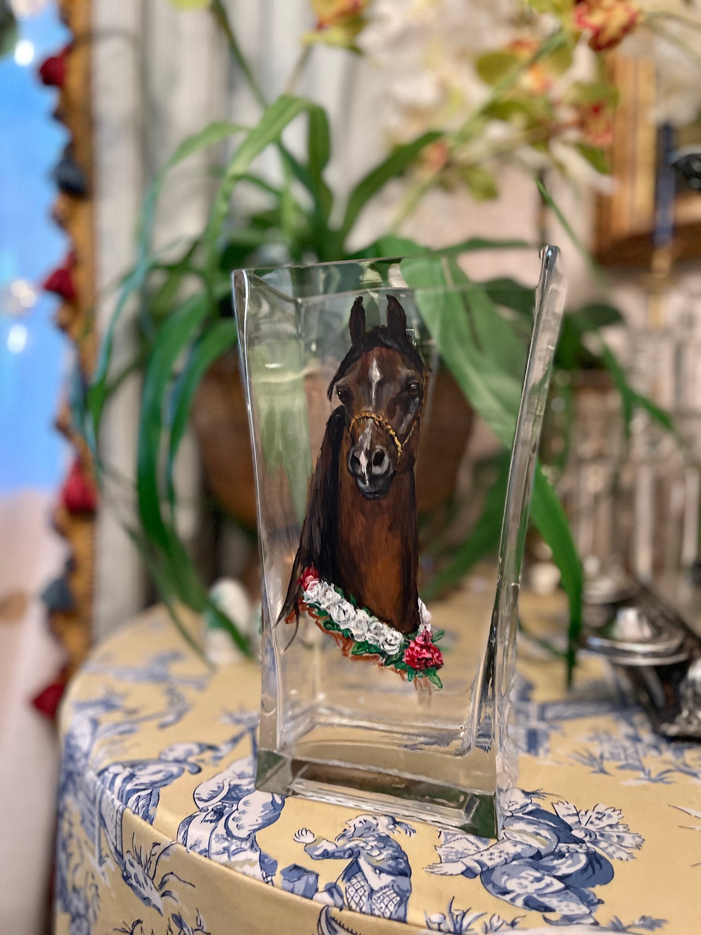 Arabian Horse Vase, Hand painted on glass