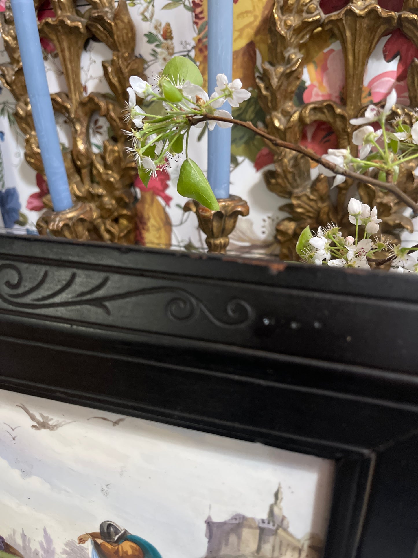 19th Century French Porcelain Napoleon III Table Top, Ebonized Wood, Hand Painted